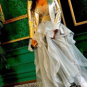 Silver Prom dress ,beaded and ruffles size 12